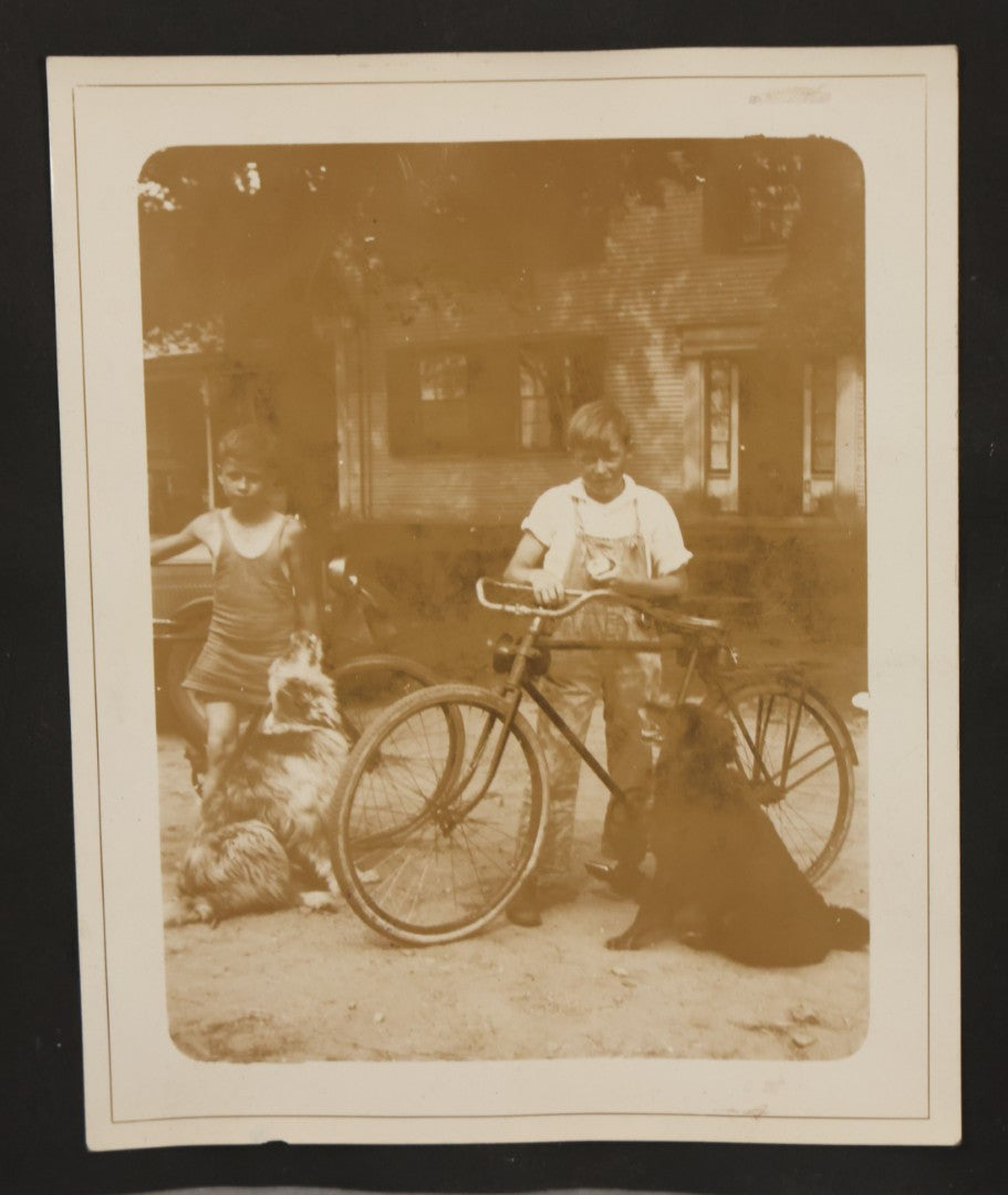 Lot 081 - Pair Of Loose Photo Album Pages With Four Vintage Snap Shots Including Youth Baseball Team, Boys With Bicycles And Dogs, Hay Art, And Girls With Dog