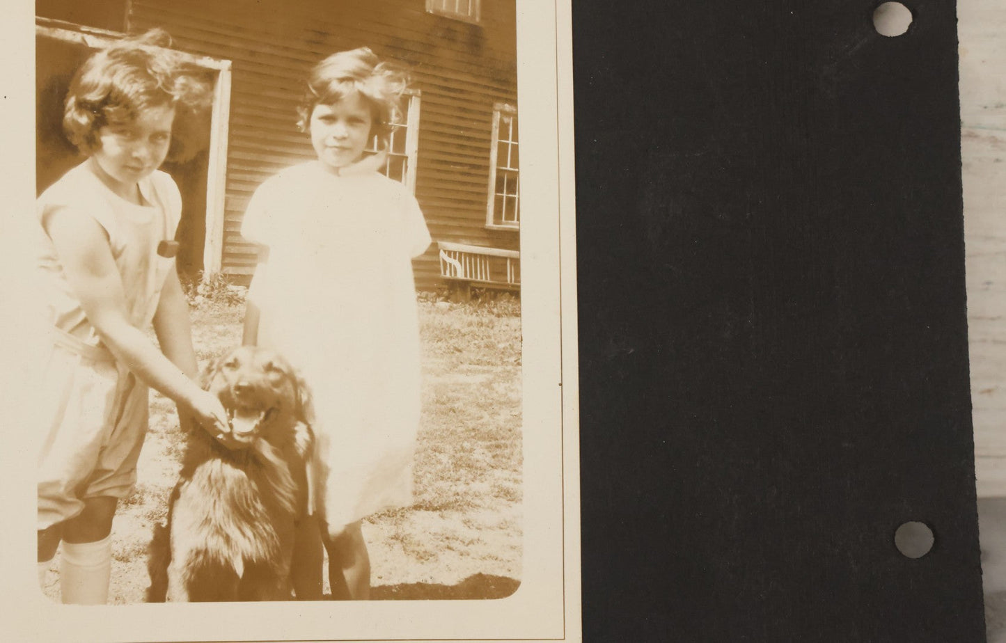 Lot 081 - Pair Of Loose Photo Album Pages With Four Vintage Snap Shots Including Youth Baseball Team, Boys With Bicycles And Dogs, Hay Art, And Girls With Dog