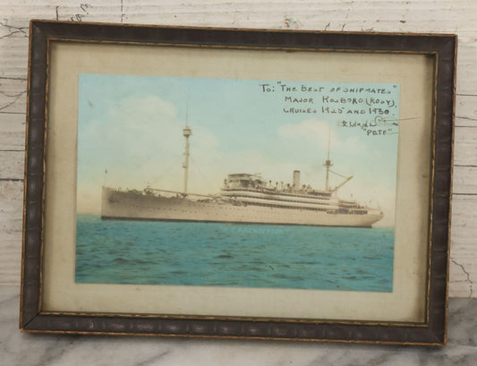 Lot 083 - Antique Framed Postcard Of The U.S.S. Henderson, Addressed "To The Best Of Shipmates" Major Rosboro, Cruises 19125 And 1930, From "Pete," 7-5/8" x 5-5/8"