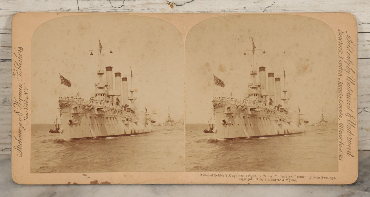 Lot 084 - Antique Stereoscopic Stereo Card Of Admiral Schley's Magnificent Fighting Cruiser "Brooklyn" Returning From Santiago, Copyright 1898 By Strohmeyer & Wynne, Sold By Underwood And Underwood