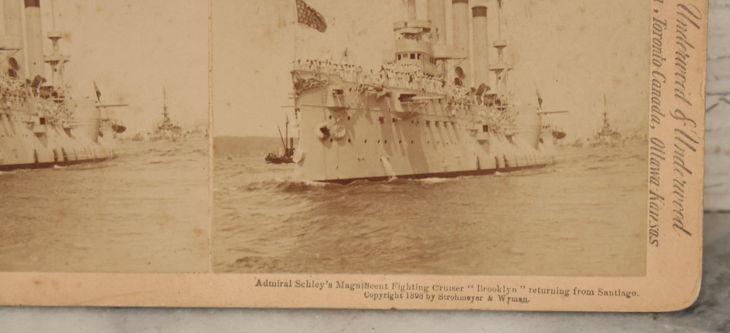 Lot 084 - Antique Stereoscopic Stereo Card Of Admiral Schley's Magnificent Fighting Cruiser "Brooklyn" Returning From Santiago, Copyright 1898 By Strohmeyer & Wynne, Sold By Underwood And Underwood