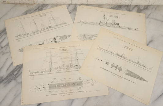 Lot 086 - Grouping Of Four Antique Maritime Navy Ship Diagrams Including The U.S.S. Dolphin, U.S.S. Puritan, U.S.S. Vesuvius, And U.S.S. Atlanta, From Trans Soc. Naval Architects And Marine Engineers, Vol. I, 1893