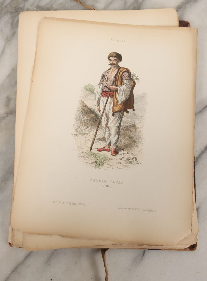 Lot 087 - Antique French Folio Book Of "Costumes Populaires De Diverses Nations (1863), Gaston Hue, Paris, Featuring 20 Hand Colored Lithographs Of The Dress And Costumes Of Various Culture, Mostly In Turkey, Egypt, And Greece, Etc.