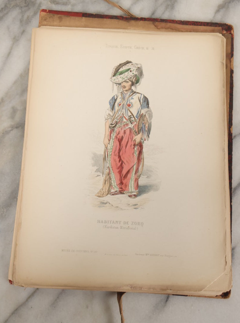 Lot 087 - Antique French Folio Book Of "Costumes Populaires De Diverses Nations (1863), Gaston Hue, Paris, Featuring 20 Hand Colored Lithographs Of The Dress And Costumes Of Various Culture, Mostly In Turkey, Egypt, And Greece, Etc.