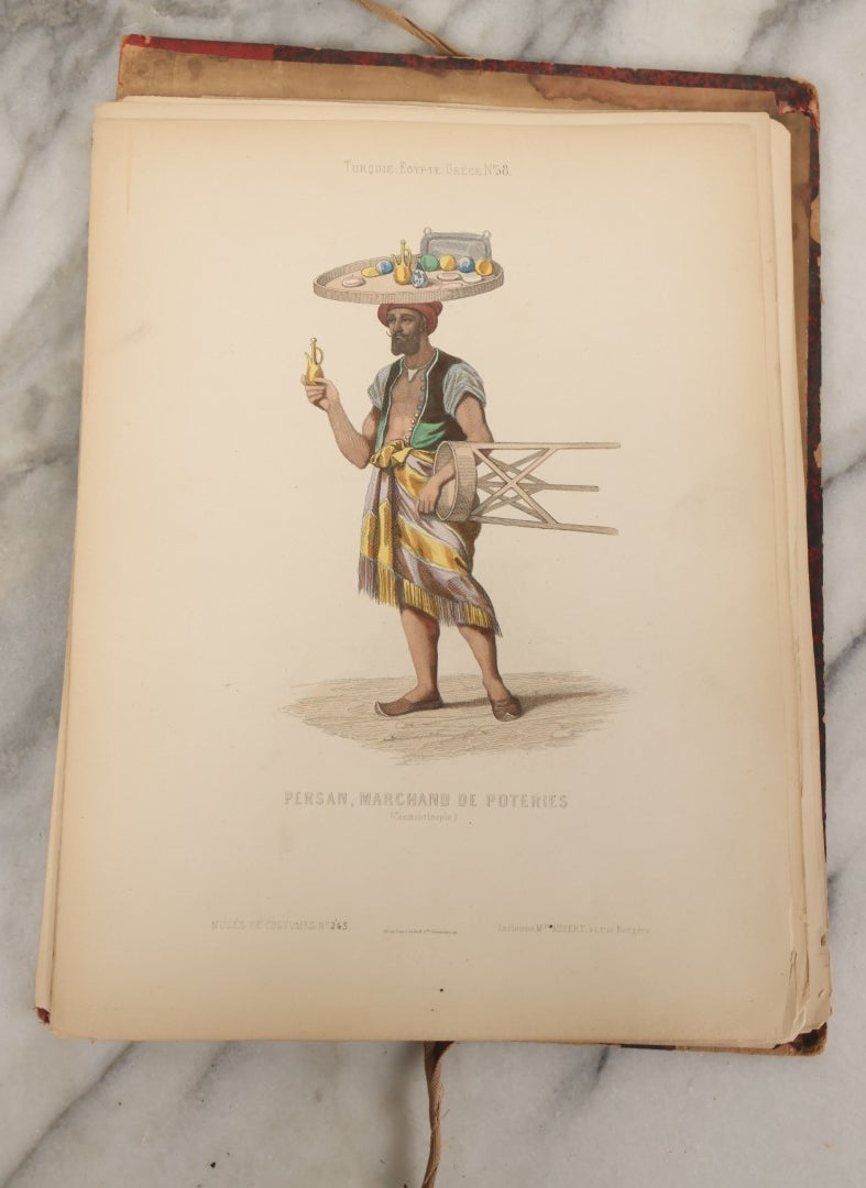 Lot 087 - Antique French Folio Book Of "Costumes Populaires De Diverses Nations (1863), Gaston Hue, Paris, Featuring 20 Hand Colored Lithographs Of The Dress And Costumes Of Various Culture, Mostly In Turkey, Egypt, And Greece, Etc.