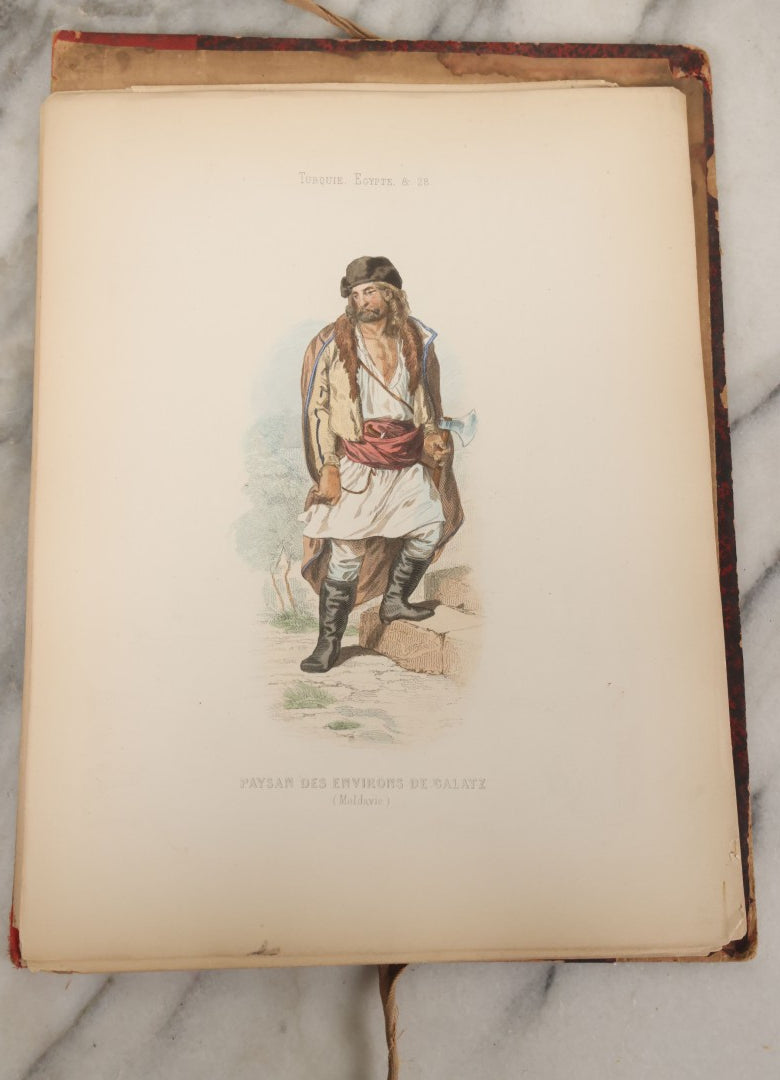 Lot 087 - Antique French Folio Book Of "Costumes Populaires De Diverses Nations (1863), Gaston Hue, Paris, Featuring 20 Hand Colored Lithographs Of The Dress And Costumes Of Various Culture, Mostly In Turkey, Egypt, And Greece, Etc.