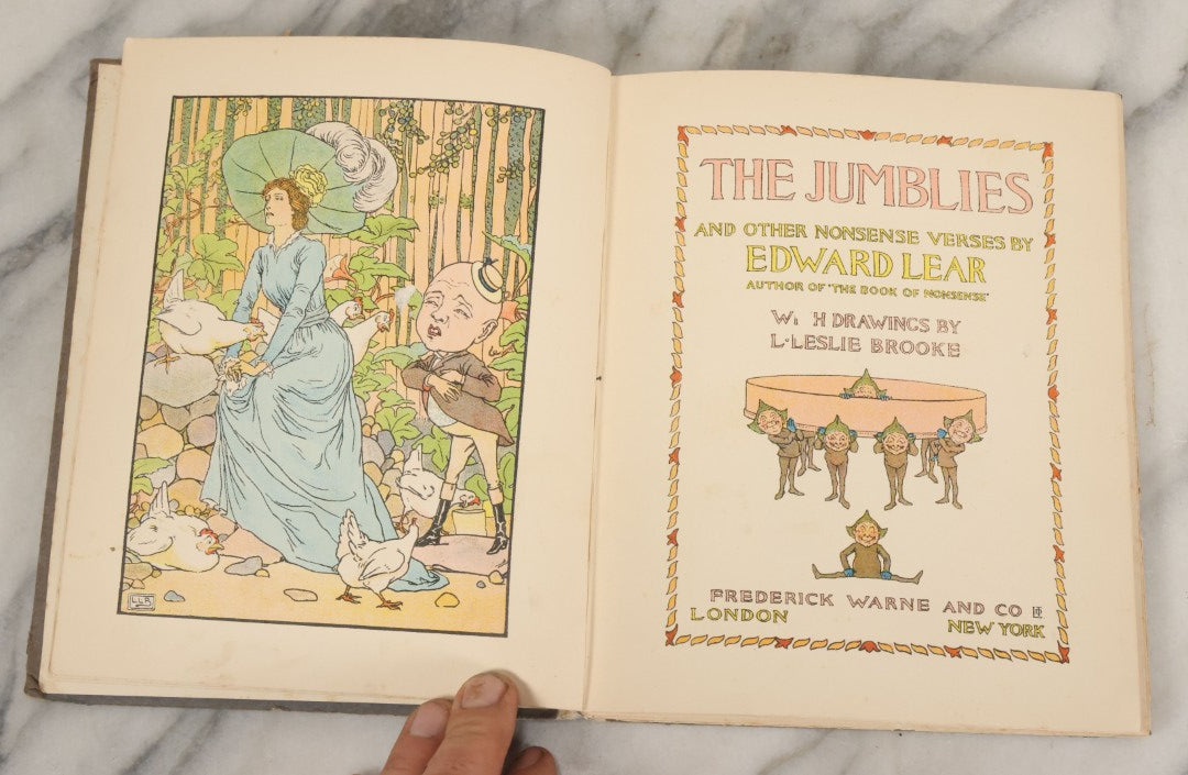 Lot 088 - "The Jumbles And Other Nonsense Verses" Antique Illustrated Children's Book By Edward Lear With Drawings By L. Leslie Brooke, Frederick Warne And Co. Publishers, London, New York, Printed In Great Britain, Circa 1905