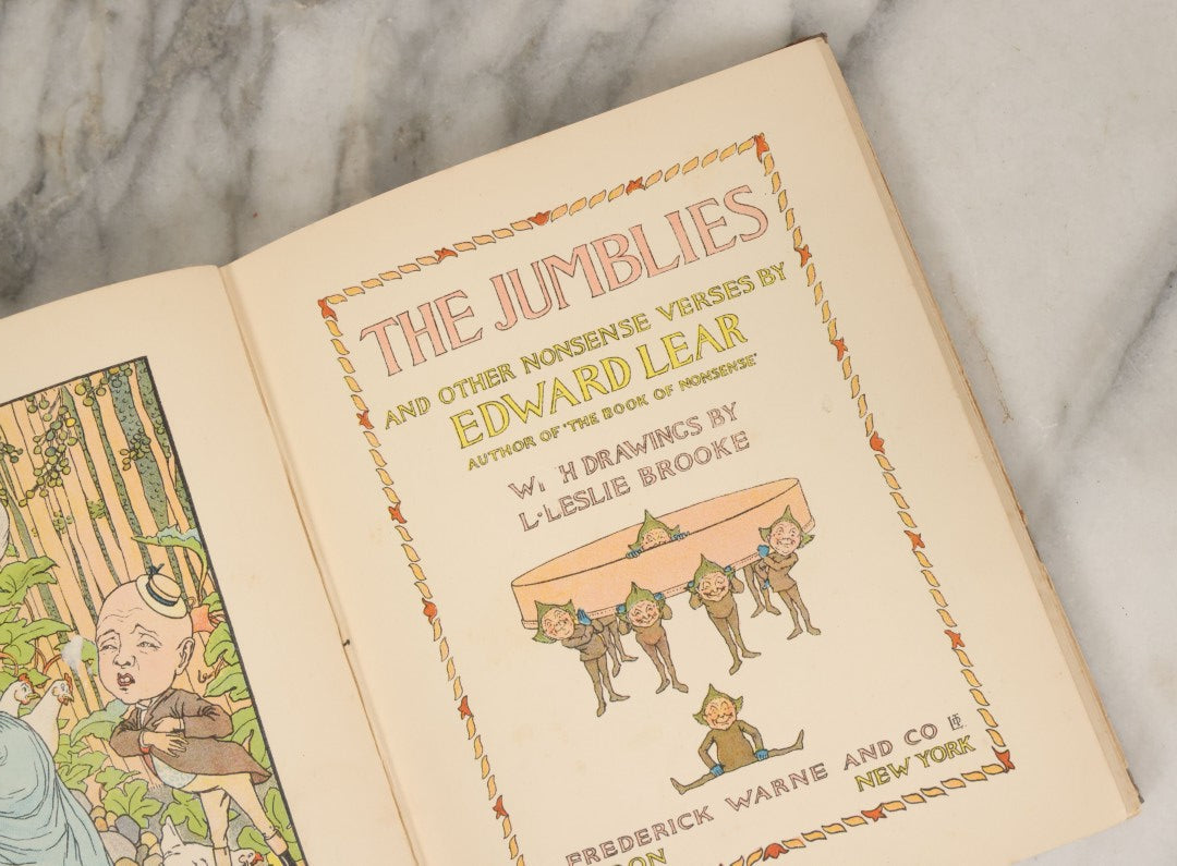 Lot 088 - "The Jumbles And Other Nonsense Verses" Antique Illustrated Children's Book By Edward Lear With Drawings By L. Leslie Brooke, Frederick Warne And Co. Publishers, London, New York, Printed In Great Britain, Circa 1905