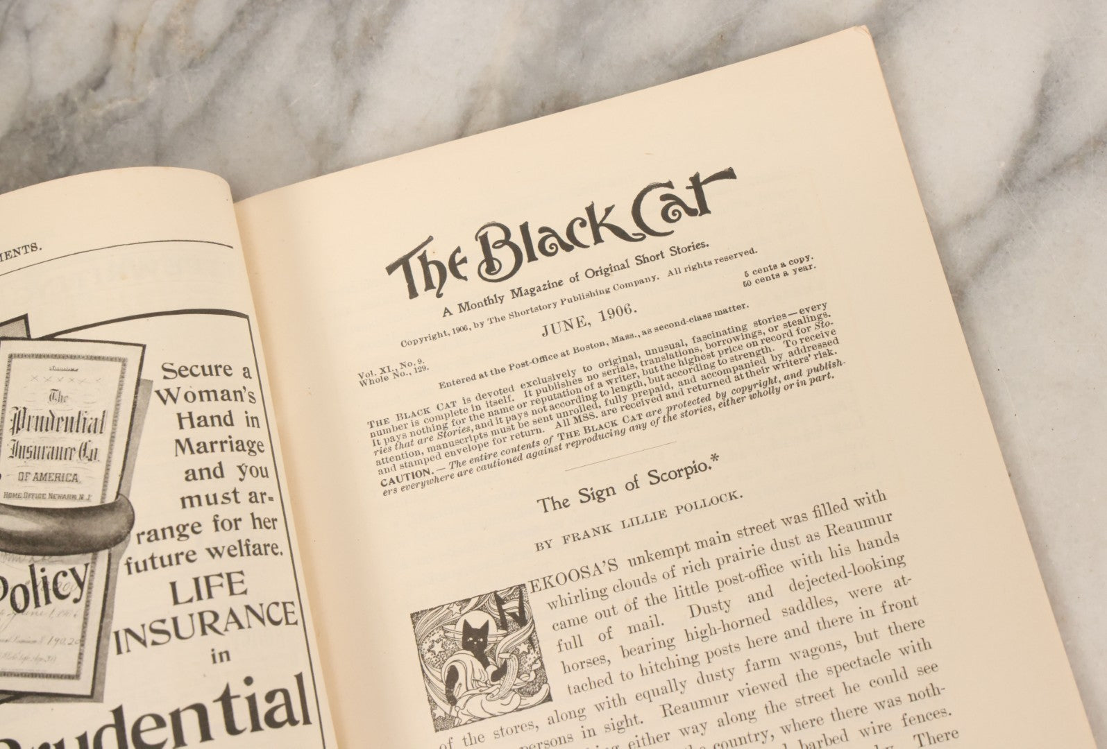 Lot 090 - "The Black Cat" Magazine For June 1906, Volume XI, No. 9, Published By The Short Story Publishing Co., Boston, Massachusetts, Featuring An Opium Dream By John Trask And More