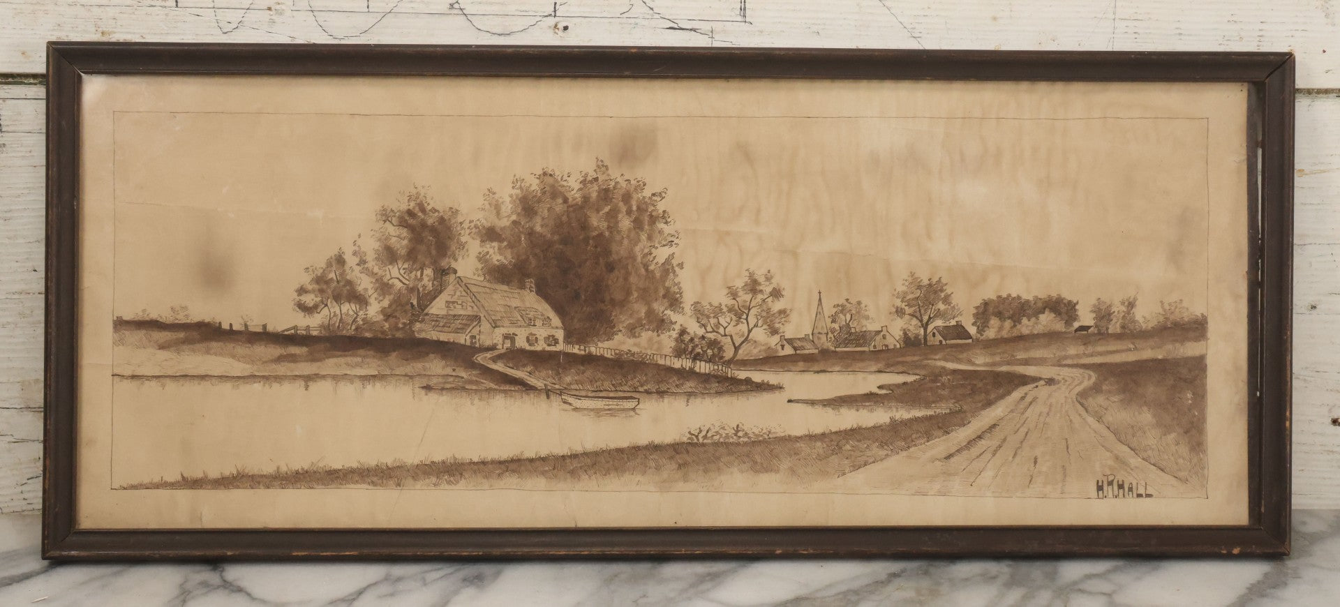Lot 096 - Antique Pen And Ink Landscape Country Scene Of A House With Church, Town In The Distance, On A Small Pond With Rowboat, Dirt Road, Signed H.R. Hall, 23-1/4" x 9-5/8"