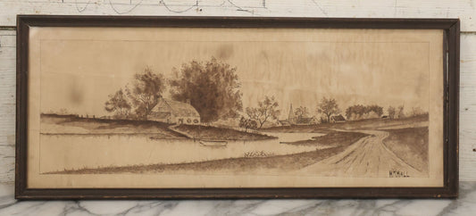 Lot 096 - Antique Pen And Ink Landscape Country Scene Of A House With Church, Town In The Distance, On A Small Pond With Rowboat, Dirt Road, Signed H.R. Hall, 23-1/4" x 9-5/8"