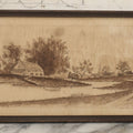 Lot 096 - Antique Pen And Ink Landscape Country Scene Of A House With Church, Town In The Distance, On A Small Pond With Rowboat, Dirt Road, Signed H.R. Hall, 23-1/4" x 9-5/8"