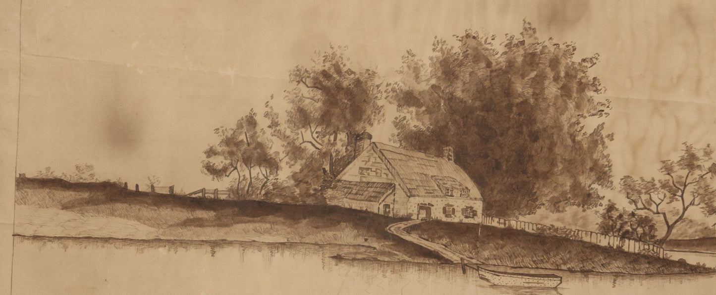 Lot 096 - Antique Pen And Ink Landscape Country Scene Of A House With Church, Town In The Distance, On A Small Pond With Rowboat, Dirt Road, Signed H.R. Hall, 23-1/4" x 9-5/8"
