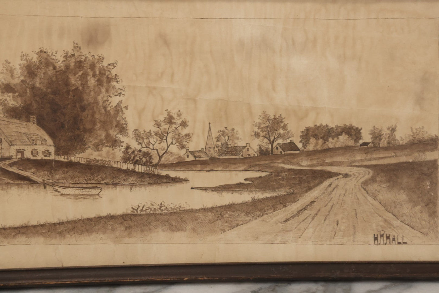 Lot 096 - Antique Pen And Ink Landscape Country Scene Of A House With Church, Town In The Distance, On A Small Pond With Rowboat, Dirt Road, Signed H.R. Hall, 23-1/4" x 9-5/8"