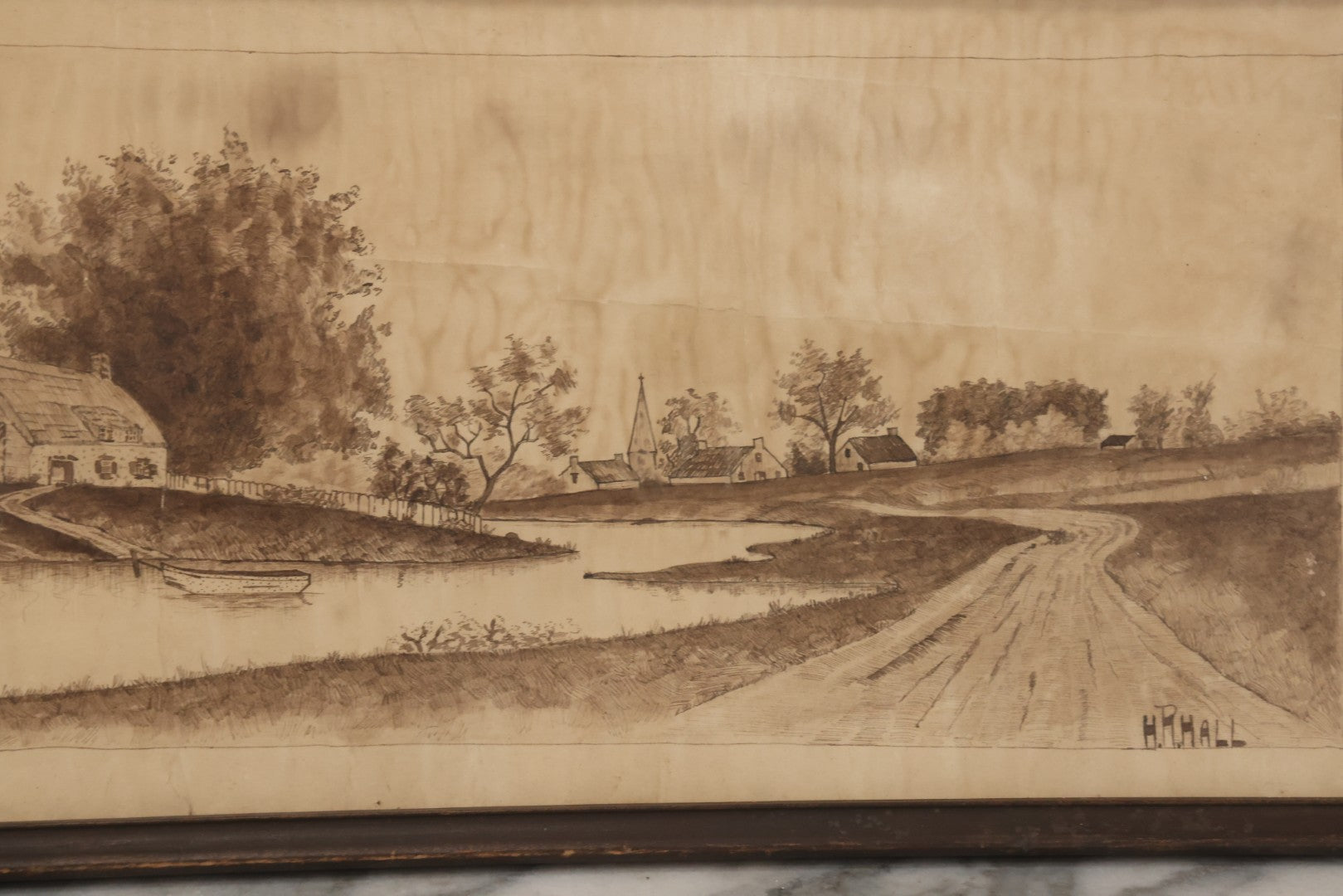 Lot 096 - Antique Pen And Ink Landscape Country Scene Of A House With Church, Town In The Distance, On A Small Pond With Rowboat, Dirt Road, Signed H.R. Hall, 23-1/4" x 9-5/8"