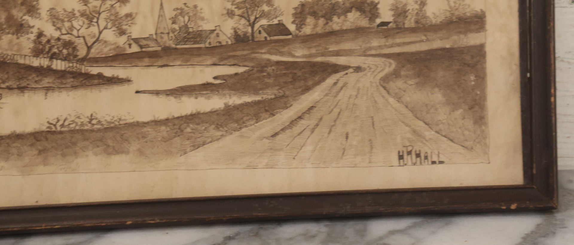 Lot 096 - Antique Pen And Ink Landscape Country Scene Of A House With Church, Town In The Distance, On A Small Pond With Rowboat, Dirt Road, Signed H.R. Hall, 23-1/4" x 9-5/8"