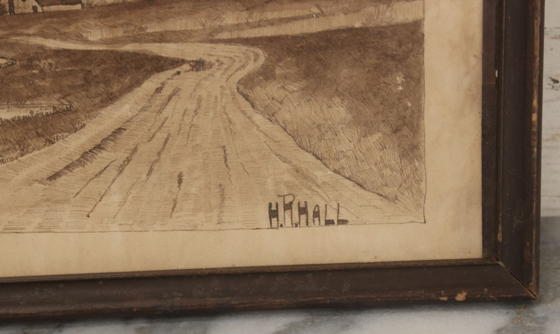 Lot 096 - Antique Pen And Ink Landscape Country Scene Of A House With Church, Town In The Distance, On A Small Pond With Rowboat, Dirt Road, Signed H.R. Hall, 23-1/4" x 9-5/8"