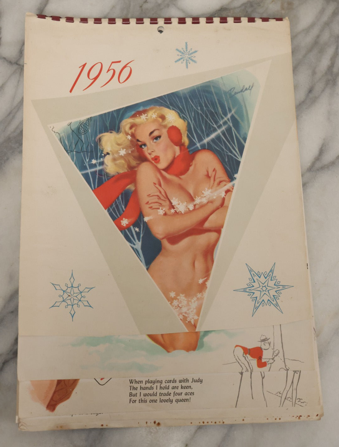 Lot 097 - Vintage 1956 Pin-Up Partial Calendar With Risque Women, Illustrations By Bill Randall, Copyright 1955, The Kemper-Thomas Co., Cincinnati, Ohio, Note Calendar Cut Out, Various Losses