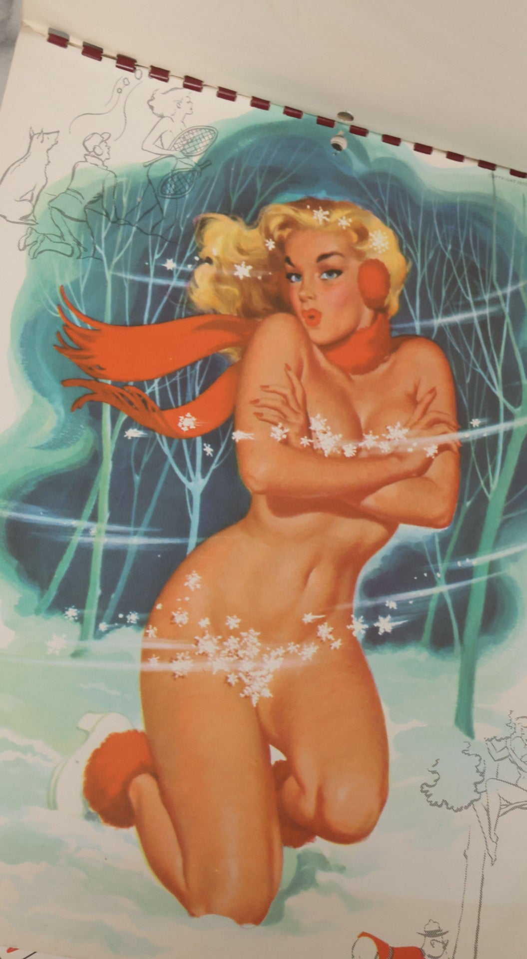 Lot 097 - Vintage 1956 Pin-Up Partial Calendar With Risque Women, Illustrations By Bill Randall, Copyright 1955, The Kemper-Thomas Co., Cincinnati, Ohio, Note Calendar Cut Out, Various Losses