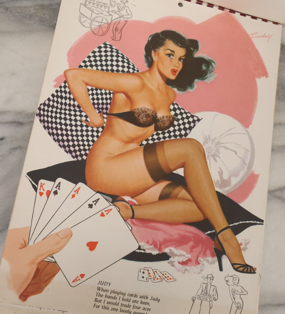 Lot 097 - Vintage 1956 Pin-Up Partial Calendar With Risque Women, Illustrations By Bill Randall, Copyright 1955, The Kemper-Thomas Co., Cincinnati, Ohio, Note Calendar Cut Out, Various Losses