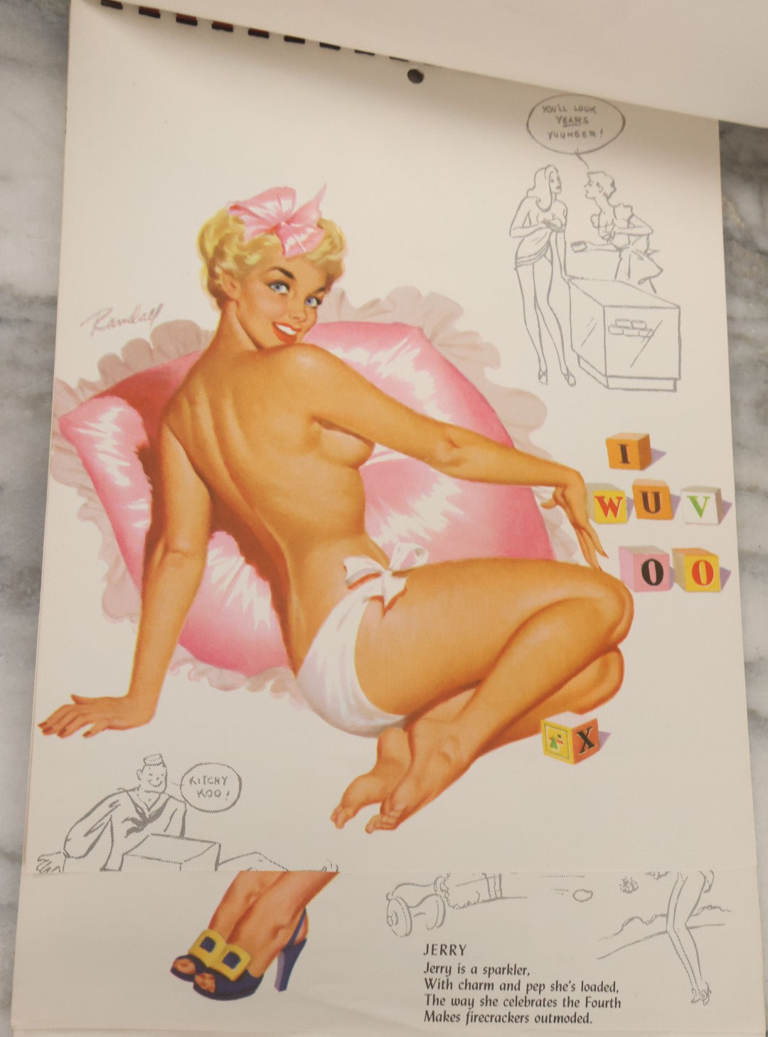 Lot 097 - Vintage 1956 Pin-Up Partial Calendar With Risque Women, Illustrations By Bill Randall, Copyright 1955, The Kemper-Thomas Co., Cincinnati, Ohio, Note Calendar Cut Out, Various Losses