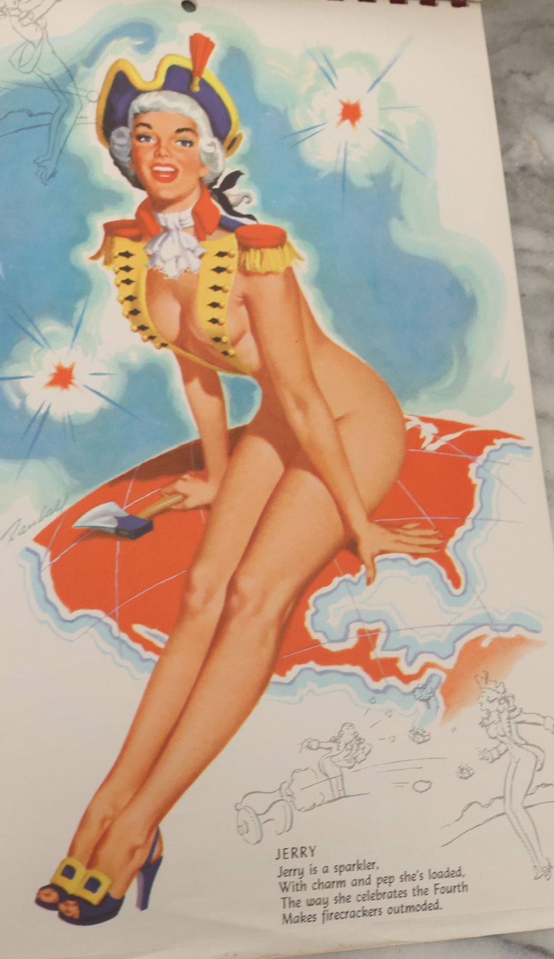 Lot 097 - Vintage 1956 Pin-Up Partial Calendar With Risque Women, Illustrations By Bill Randall, Copyright 1955, The Kemper-Thomas Co., Cincinnati, Ohio, Note Calendar Cut Out, Various Losses