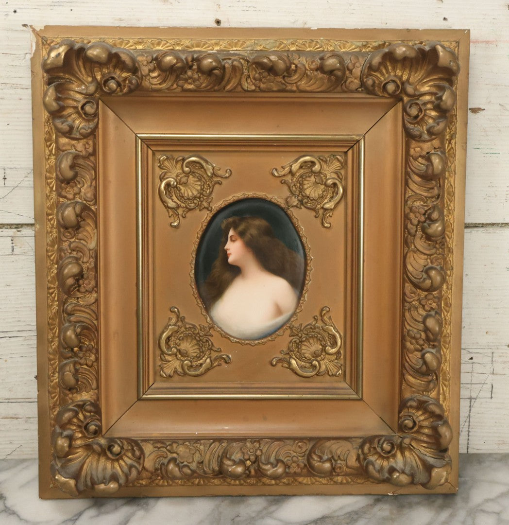 Lot 001 - Fine Antique Hand Painted Porcelain Tile Of Semi-Nude Woman In Ornate Gesso Frame, Marked "Erblüht" ("Blossom") On Verso, After Angelo Asti, Artist Signed Wagner, With Hallmark, 14" x 15-1/2"