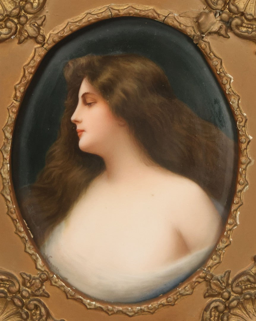Lot 001 - Fine Antique Hand Painted Porcelain Tile Of Semi-Nude Woman In Ornate Gesso Frame, Marked "Erblüht" ("Blossom") On Verso, After Angelo Asti, Artist Signed Wagner, With Hallmark, 14" x 15-1/2"