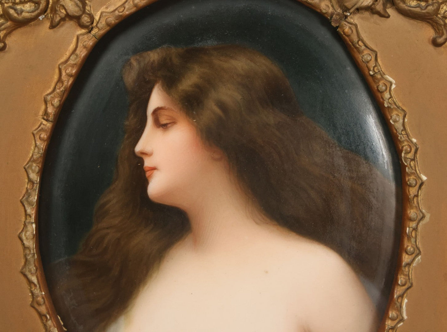 Lot 001 - Fine Antique Hand Painted Porcelain Tile Of Semi-Nude Woman In Ornate Gesso Frame, Marked "Erblüht" ("Blossom") On Verso, After Angelo Asti, Artist Signed Wagner, With Hallmark, 14" x 15-1/2"