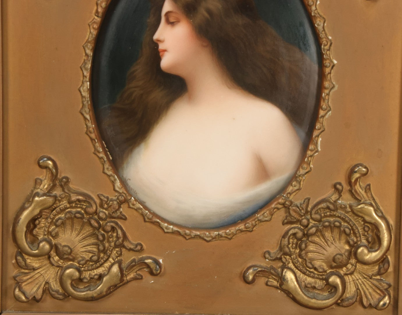 Lot 001 - Fine Antique Hand Painted Porcelain Tile Of Semi-Nude Woman In Ornate Gesso Frame, Marked "Erblüht" ("Blossom") On Verso, After Angelo Asti, Artist Signed Wagner, With Hallmark, 14" x 15-1/2"