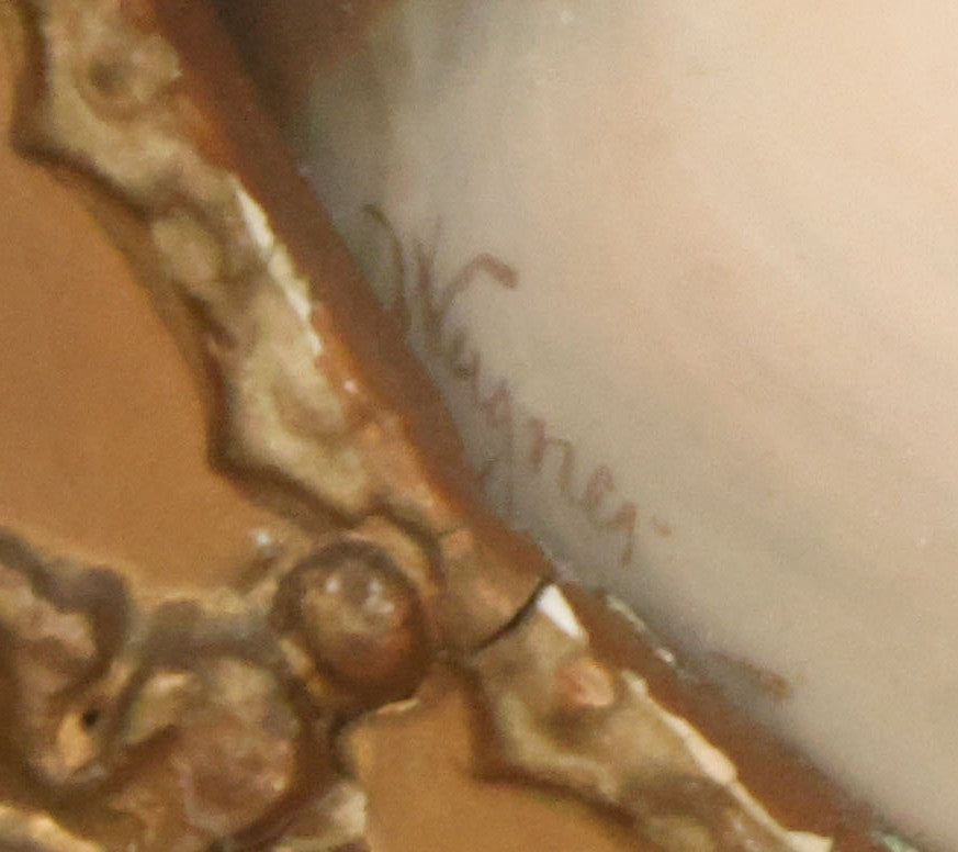 Lot 001 - Fine Antique Hand Painted Porcelain Tile Of Semi-Nude Woman In Ornate Gesso Frame, Marked "Erblüht" ("Blossom") On Verso, After Angelo Asti, Artist Signed Wagner, With Hallmark, 14" x 15-1/2"