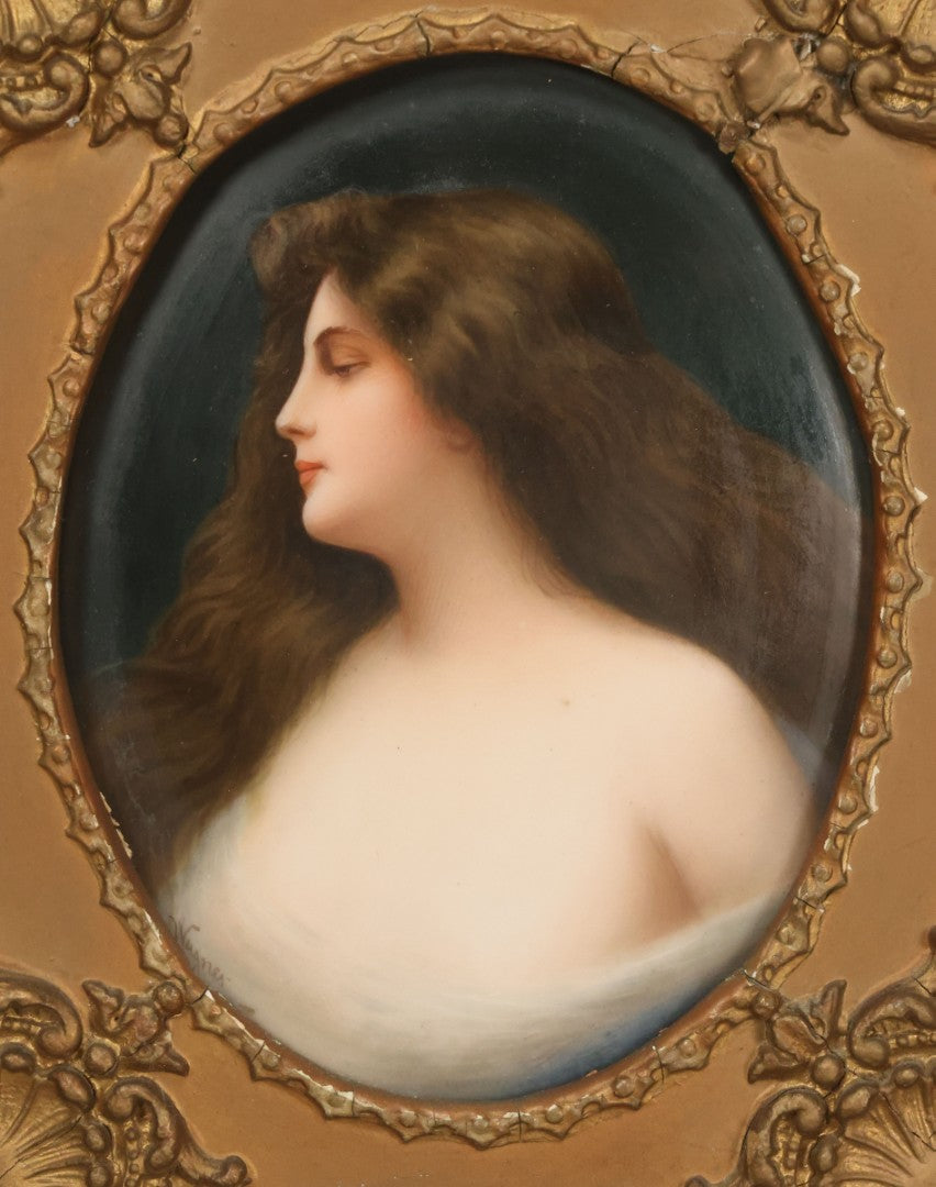 Lot 001 - Fine Antique Hand Painted Porcelain Tile Of Semi-Nude Woman In Ornate Gesso Frame, Marked "Erblüht" ("Blossom") On Verso, After Angelo Asti, Artist Signed Wagner, With Hallmark, 14" x 15-1/2"