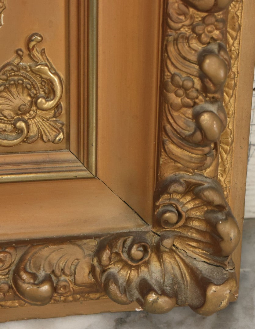 Lot 001 - Fine Antique Hand Painted Porcelain Tile Of Semi-Nude Woman In Ornate Gesso Frame, Marked "Erblüht" ("Blossom") On Verso, After Angelo Asti, Artist Signed Wagner, With Hallmark, 14" x 15-1/2"