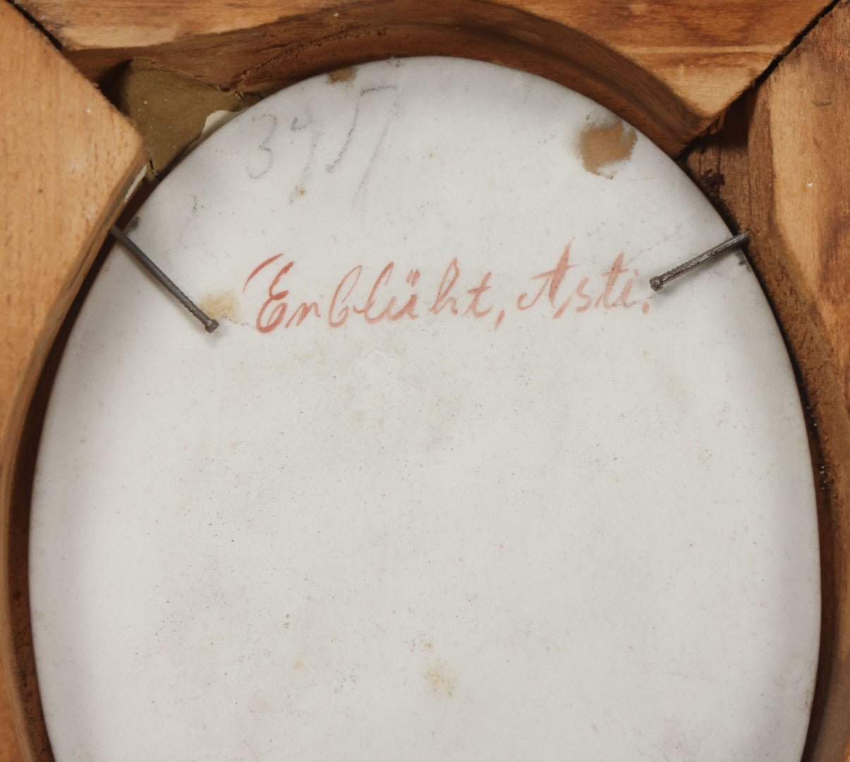 Lot 001 - Fine Antique Hand Painted Porcelain Tile Of Semi-Nude Woman In Ornate Gesso Frame, Marked "Erblüht" ("Blossom") On Verso, After Angelo Asti, Artist Signed Wagner, With Hallmark, 14" x 15-1/2"