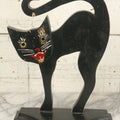Lot 003 - Antique Folk Art Wood Cut Halloween Black Cat With Grinning Face, Yellow Glass Eyes, On Geometric Base, Note Minor Paint Loss