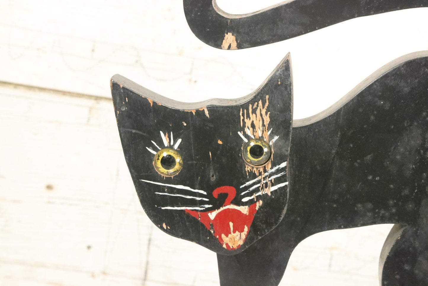 Lot 003 - Antique Folk Art Wood Cut Halloween Black Cat With Grinning Face, Yellow Glass Eyes, On Geometric Base, Note Minor Paint Loss