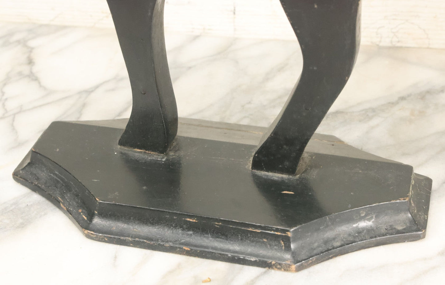 Lot 003 - Antique Folk Art Wood Cut Halloween Black Cat With Grinning Face, Yellow Glass Eyes, On Geometric Base, Note Minor Paint Loss