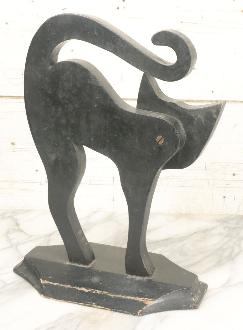 Lot 003 - Antique Folk Art Wood Cut Halloween Black Cat With Grinning Face, Yellow Glass Eyes, On Geometric Base, Note Minor Paint Loss