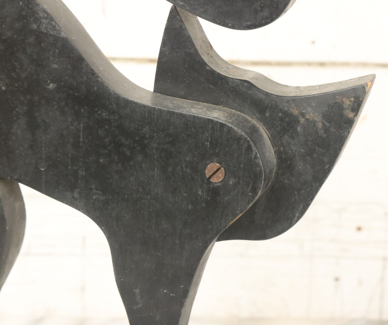 Lot 003 - Antique Folk Art Wood Cut Halloween Black Cat With Grinning Face, Yellow Glass Eyes, On Geometric Base, Note Minor Paint Loss