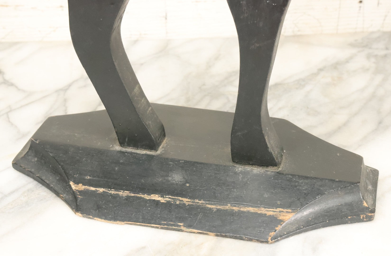 Lot 003 - Antique Folk Art Wood Cut Halloween Black Cat With Grinning Face, Yellow Glass Eyes, On Geometric Base, Note Minor Paint Loss