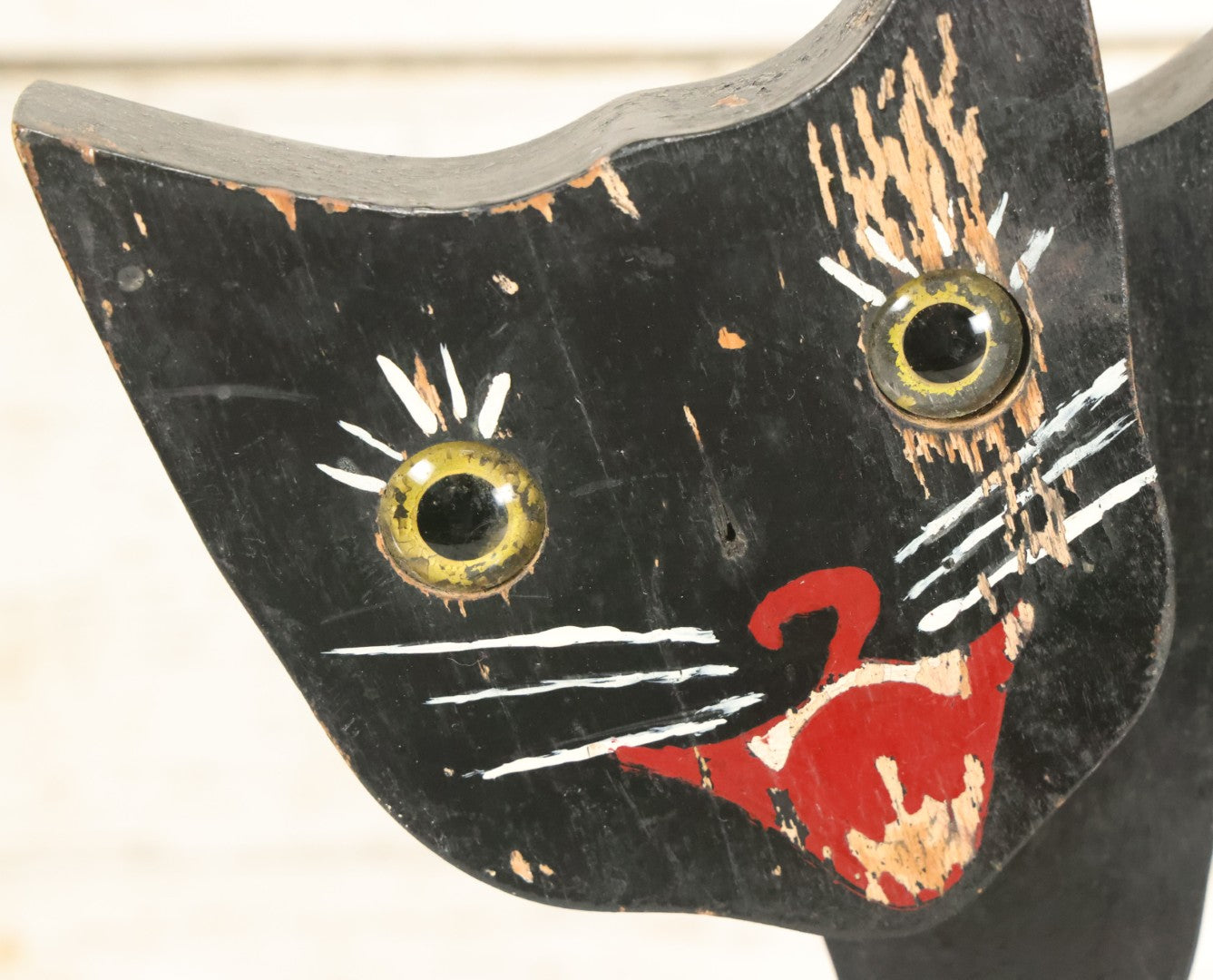 Lot 003 - Antique Folk Art Wood Cut Halloween Black Cat With Grinning Face, Yellow Glass Eyes, On Geometric Base, Note Minor Paint Loss