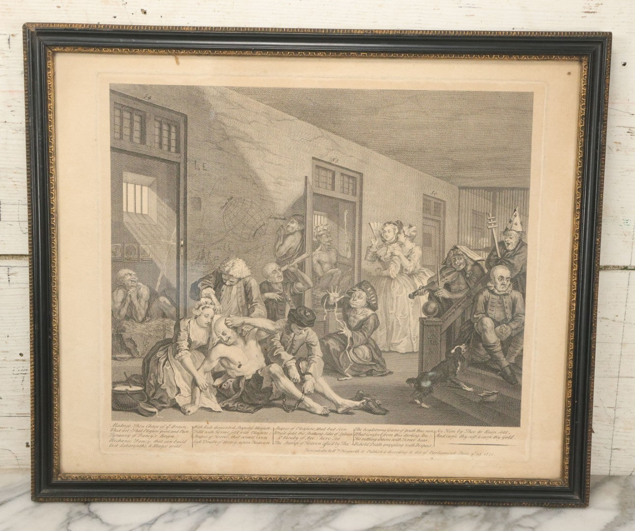 Lot 005 - Antique Satirical Engraving By William Hogarth, Depicting A Madhouse, Many Patients Engaged In Strange Behavior, Published June 1735, In Frame, Paper Label On Verso From Chapman Bros, London, 20-5/8" x 17-3/8"