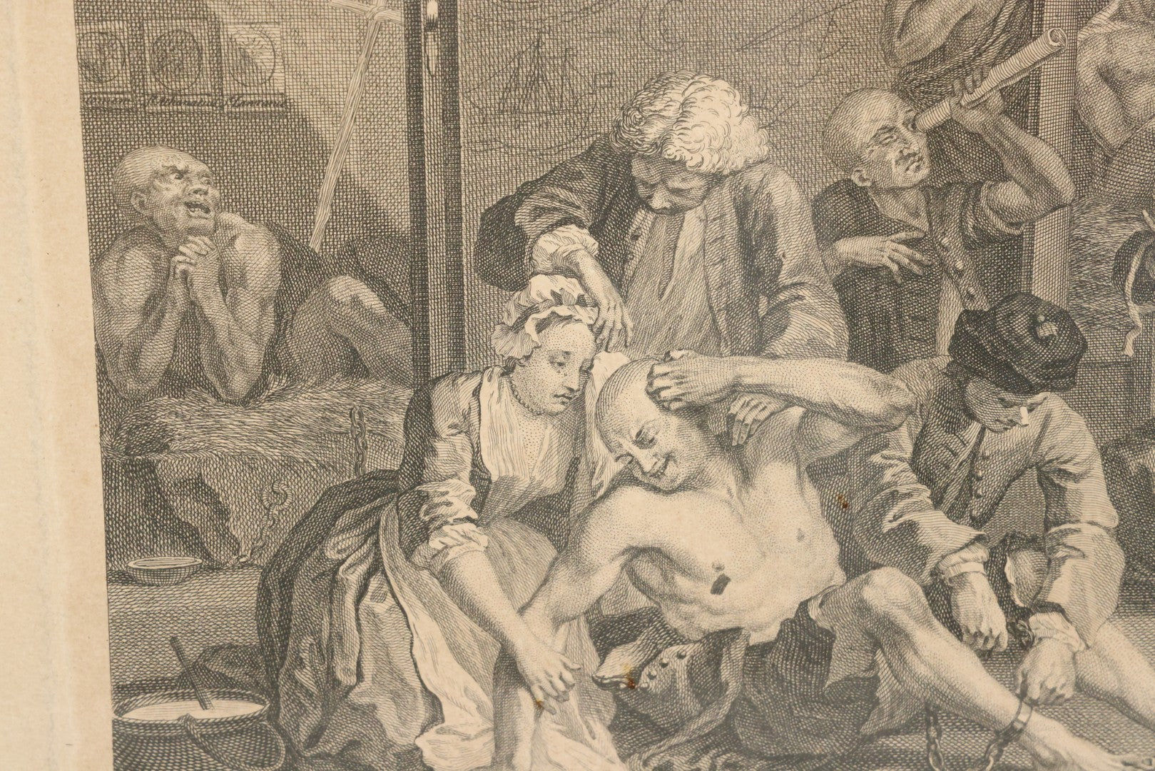 Lot 005 - Antique Satirical Engraving By William Hogarth, Depicting A Madhouse, Many Patients Engaged In Strange Behavior, Published June 1735, In Frame, Paper Label On Verso From Chapman Bros, London, 20-5/8" x 17-3/8"