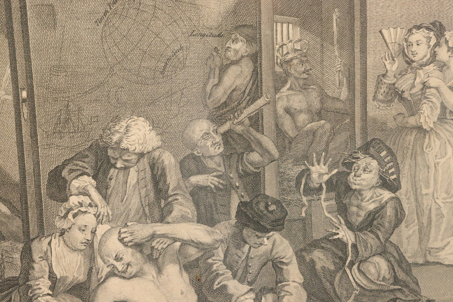 Lot 005 - Antique Satirical Engraving By William Hogarth, Depicting A Madhouse, Many Patients Engaged In Strange Behavior, Published June 1735, In Frame, Paper Label On Verso From Chapman Bros, London, 20-5/8" x 17-3/8"