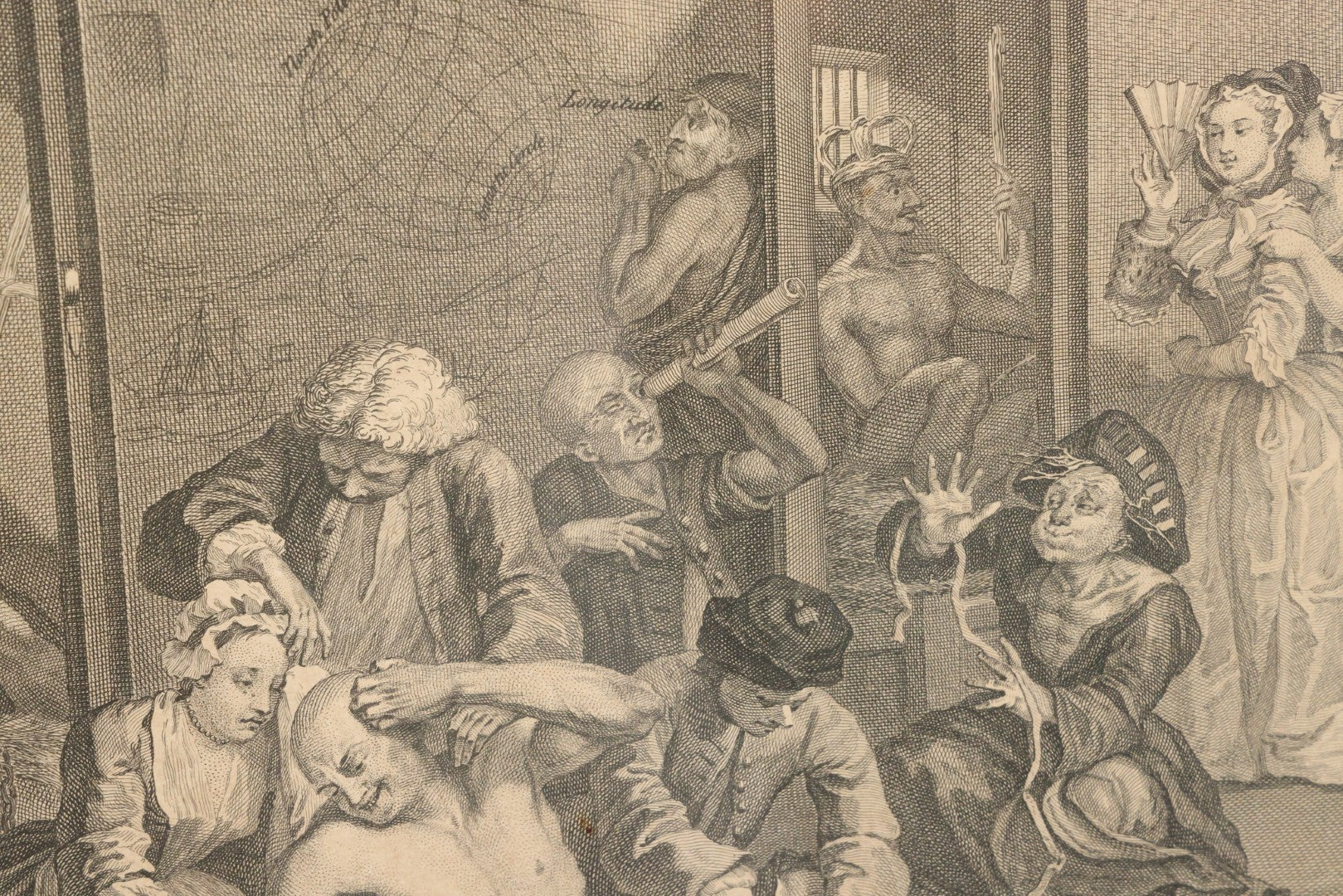 Lot 005 - Antique Satirical Engraving By William Hogarth, Depicting A Madhouse, Many Patients Engaged In Strange Behavior, Published June 1735, In Frame, Paper Label On Verso From Chapman Bros, London, 20-5/8" x 17-3/8"