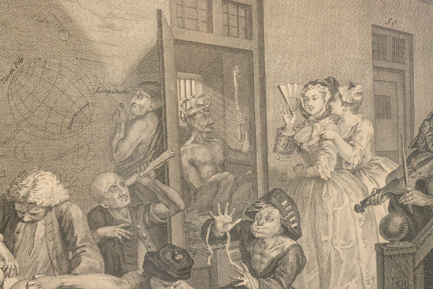 Lot 005 - Antique Satirical Engraving By William Hogarth, Depicting A Madhouse, Many Patients Engaged In Strange Behavior, Published June 1735, In Frame, Paper Label On Verso From Chapman Bros, London, 20-5/8" x 17-3/8"