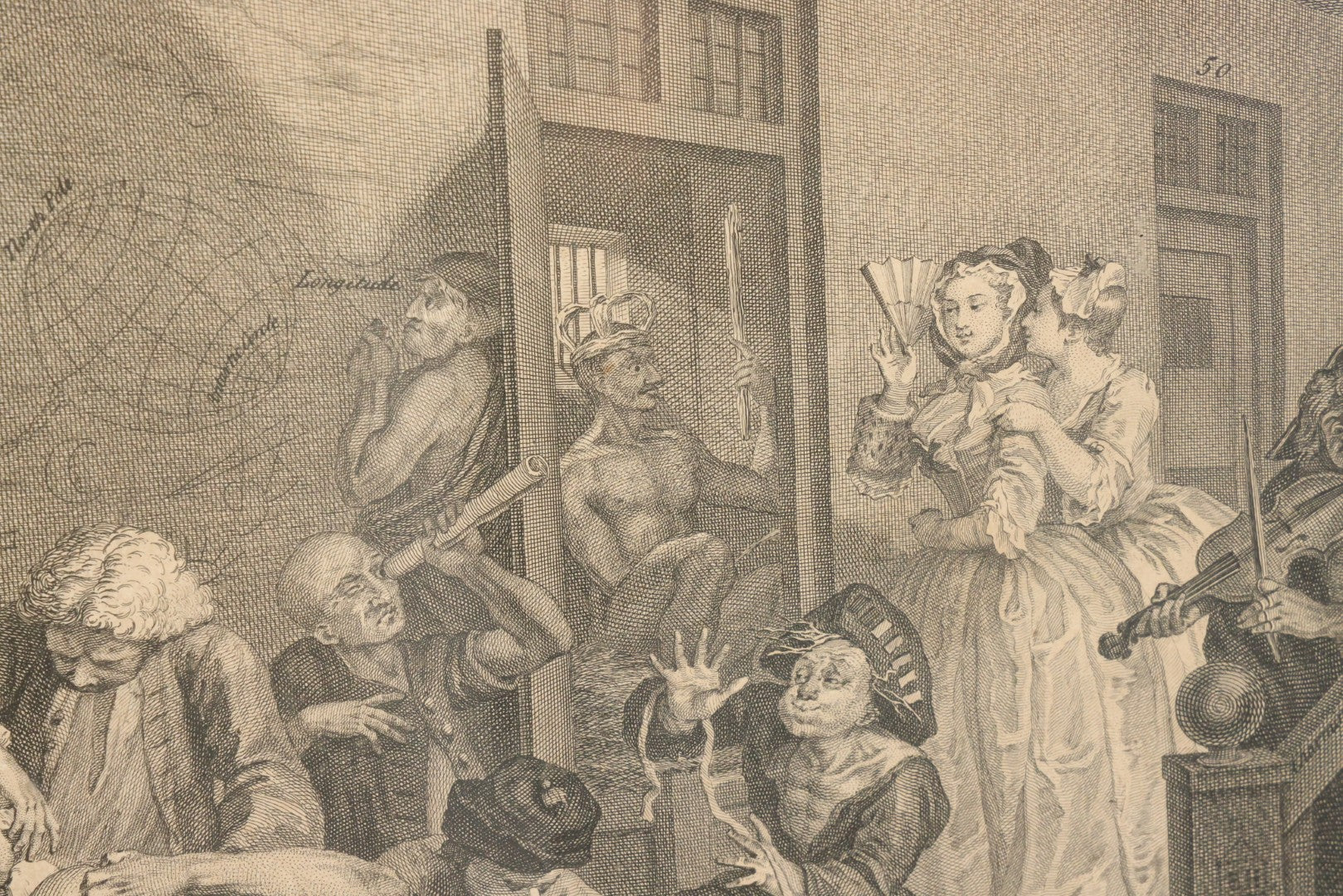 Lot 005 - Antique Satirical Engraving By William Hogarth, Depicting A Madhouse, Many Patients Engaged In Strange Behavior, Published June 1735, In Frame, Paper Label On Verso From Chapman Bros, London, 20-5/8" x 17-3/8"