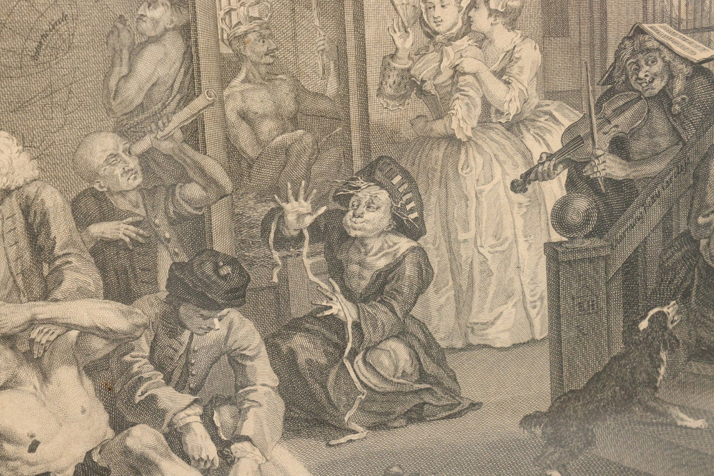 Lot 005 - Antique Satirical Engraving By William Hogarth, Depicting A Madhouse, Many Patients Engaged In Strange Behavior, Published June 1735, In Frame, Paper Label On Verso From Chapman Bros, London, 20-5/8" x 17-3/8"