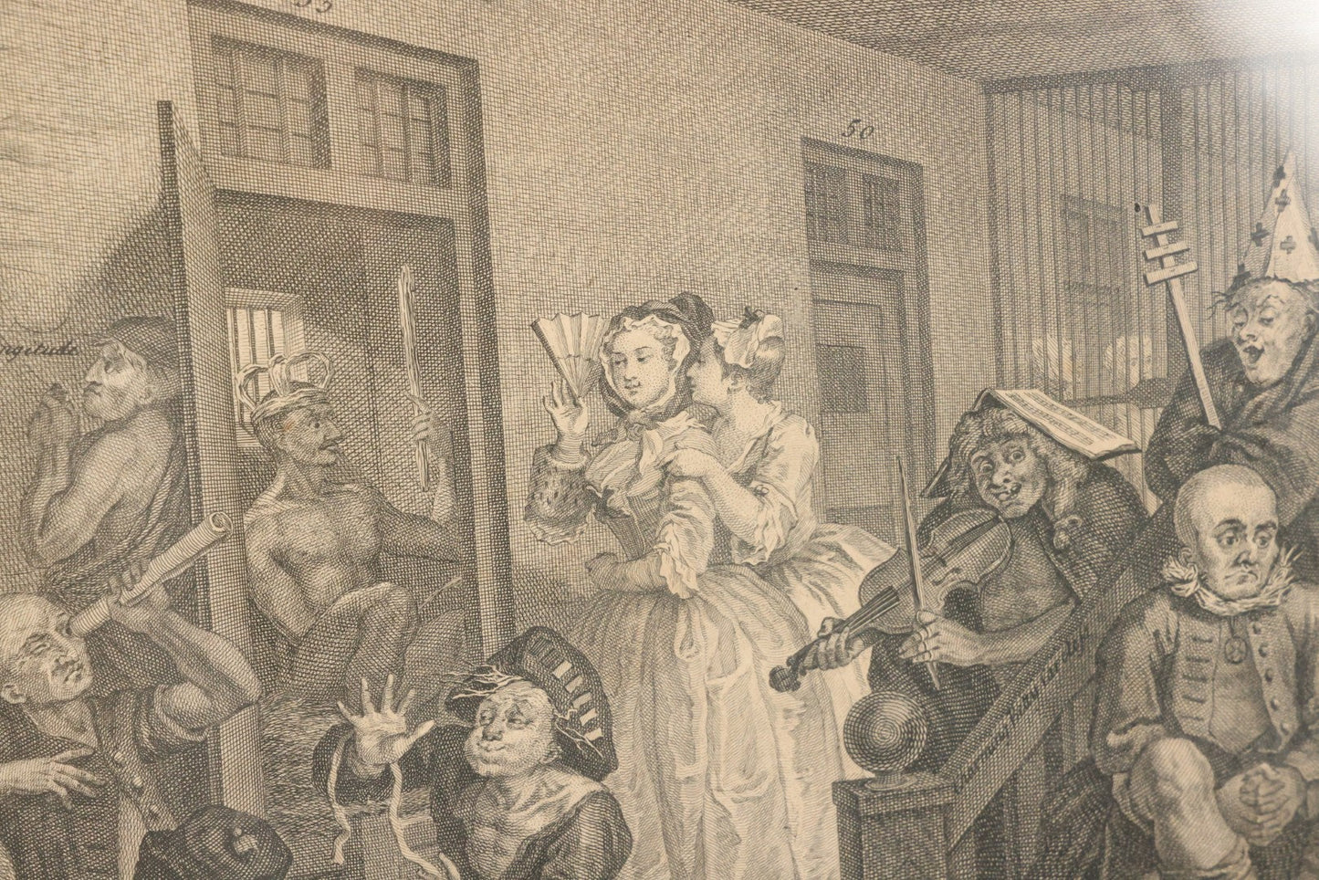 Lot 005 - Antique Satirical Engraving By William Hogarth, Depicting A Madhouse, Many Patients Engaged In Strange Behavior, Published June 1735, In Frame, Paper Label On Verso From Chapman Bros, London, 20-5/8" x 17-3/8"