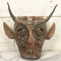 Lot 006 - Vintage Folk Art Devil Mask With Real Animal Horns And Whistling Mouth, Hand Carved Wood, Hand Painted, With Wire Hanger